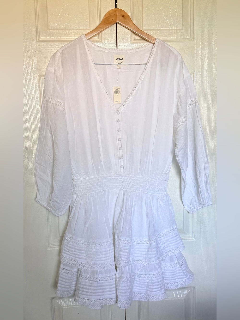 aerie White V-Neck Tiered Mini Dress NWT